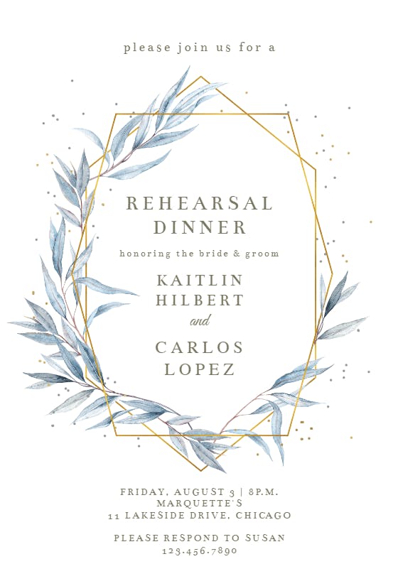 Geometric navy leaves - rehearsal dinner party invitation